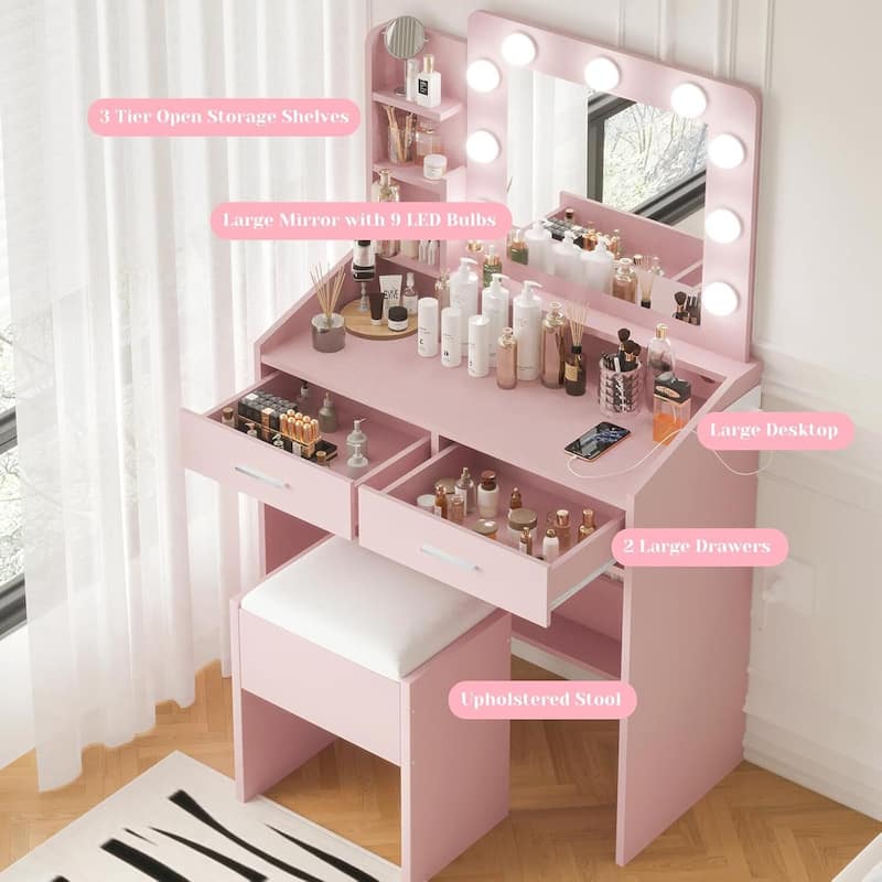 Modern Dressing Table, Makeup Vanity Desk with Mirror and Lights for Bedroom