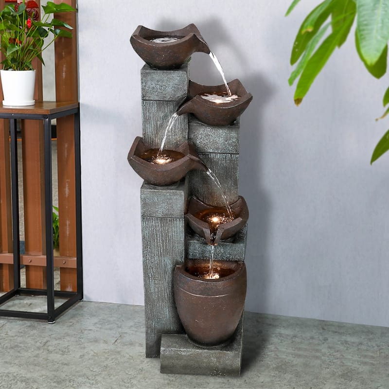 5-Tier Outdoor Water Fountains w/LED Lights Resin Fountain for Garden - Floor - Polyresin - Grey