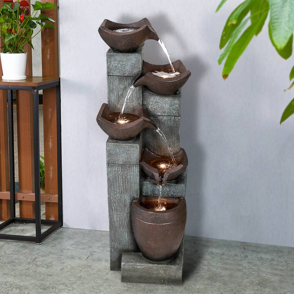 5-Tier Outdoor Water Fountains w/LED Lights Resin Fountain for Garden