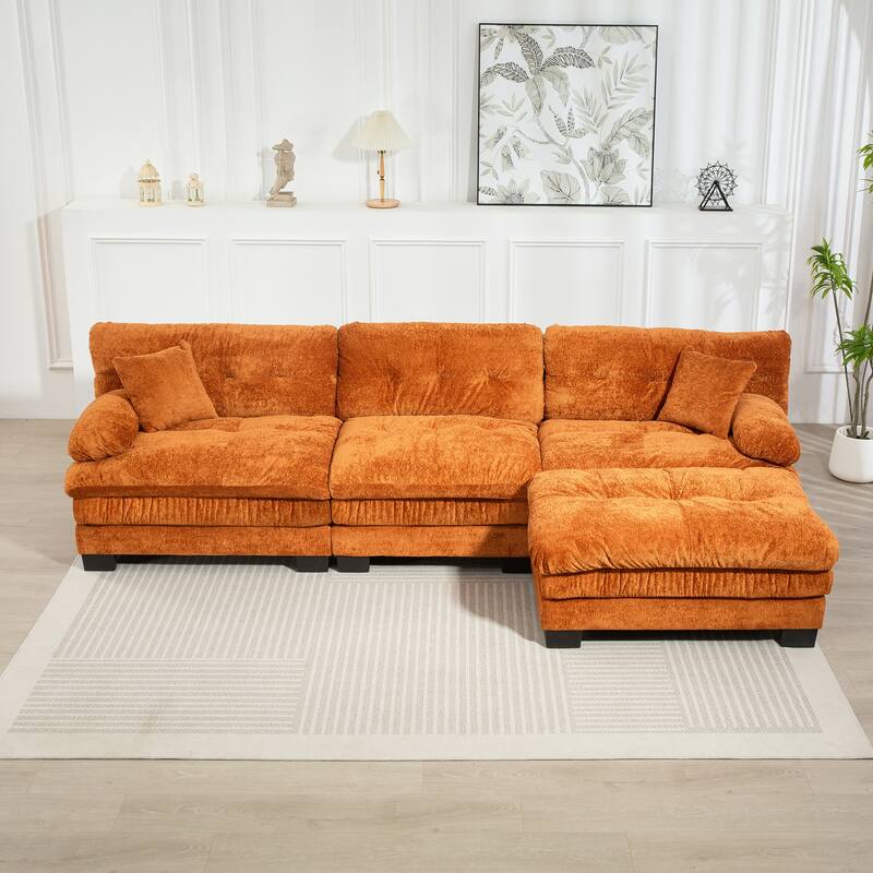 Modern 3 Seat L Shaped Modular Sectional Sofa with Chenille Upholstery and Ottoman for Living Room and Guest Room