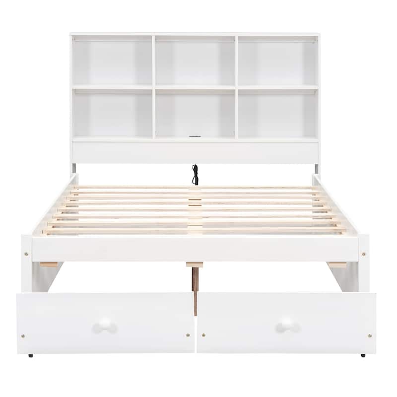 Full Size Platform Bed with Storage Headboard, Charging Station and 2 Drawers in White