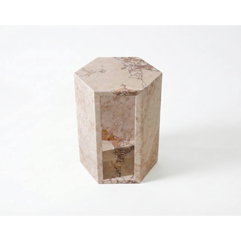 Roomfitters Luxury Natural Marble Hexagon Side Table, Solid Stone Geometric Pedestal End Table, Polished Finish