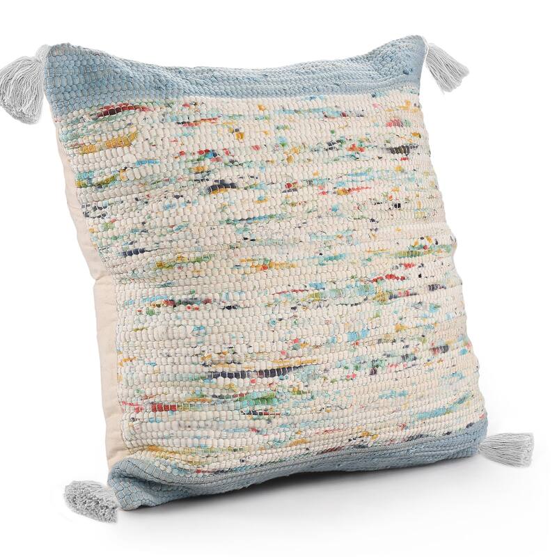 Handwoven Abstract Square Cotton Throw Pillow Cover - 20" - Cream and Blue