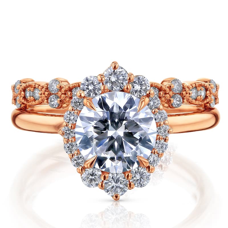 Kobelli 2.6 Carats Round Diamond 14k Solid Gold Rococo Halo Vintage Style Rochelle Bridal Rings 2pc Set (DEF/VS, Certified) - 9 - Rose
