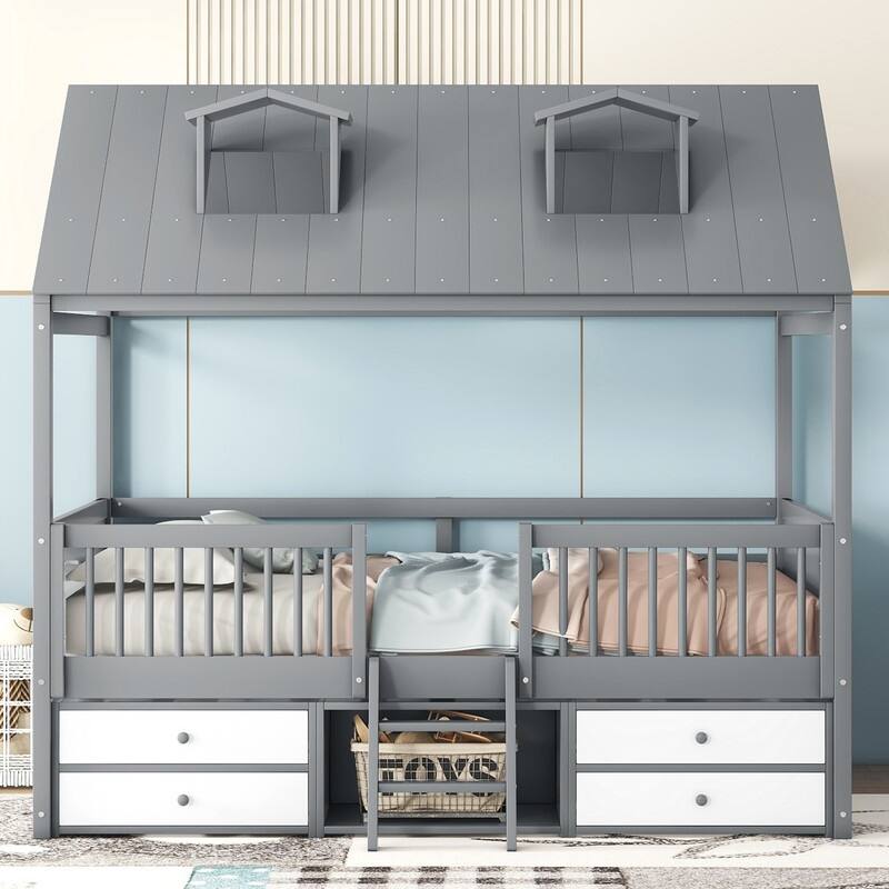 Full Size Wood House Bed with Roof and Drawers