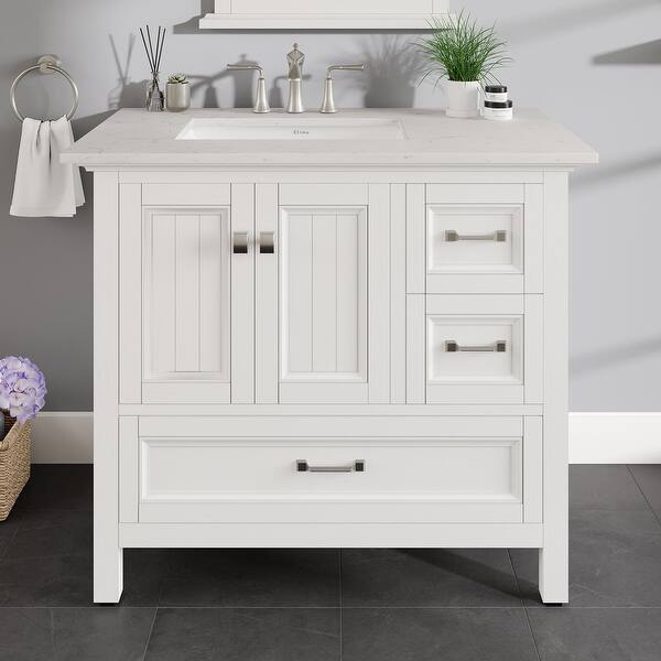 Britney 36 in. W x 22 in. D x 34 in. H Bath Vanity in White with White Carrara Marble Top with White Sink