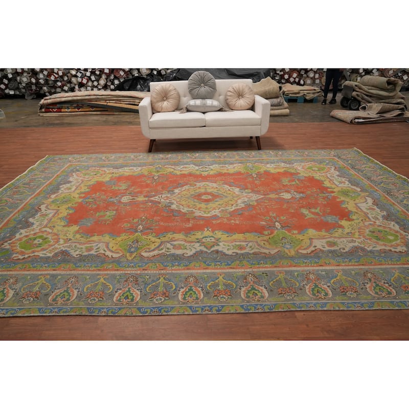 Hand Knotted Oriental 100% Wool Carpet Traditional Floral Oranges & Rust Tabriz Area Rug - 13' 2'' X 9' 9''
