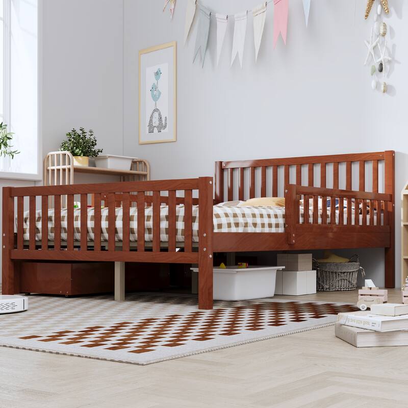 Full Size Wood Platform Bed with Guardrails on Both Sides and Two Storage Drawers, Walnut