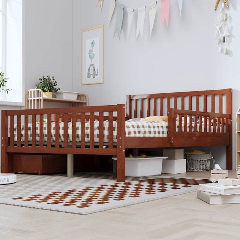 Full Size wood Platform Bed with Dual Guardrails, 2 Storage Drawers and 450lb Capacity