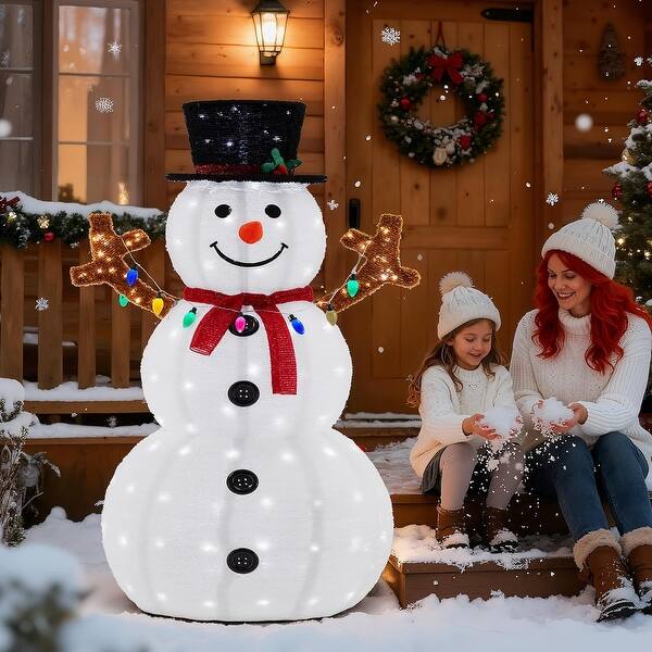 slide 2 of 14, 5ft Outdoor Lighted Pop-Up Snowman, Large Outdoor Christmas Decorations w/ 200 LED Lights, Hat, Scarf, Multicolored Lights Red