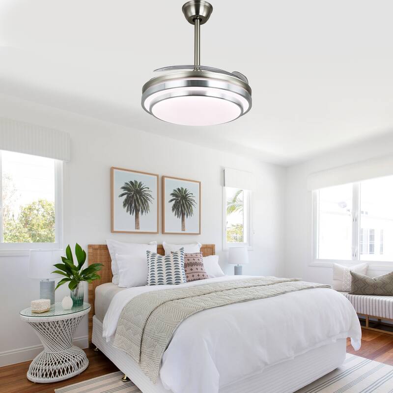 Cusp Barn 42 Inch Retractable Ceiling Fan with Lights, Modern Silent DC Motor 6 Speeds Chandelier Ceiling Fan for Bedroom