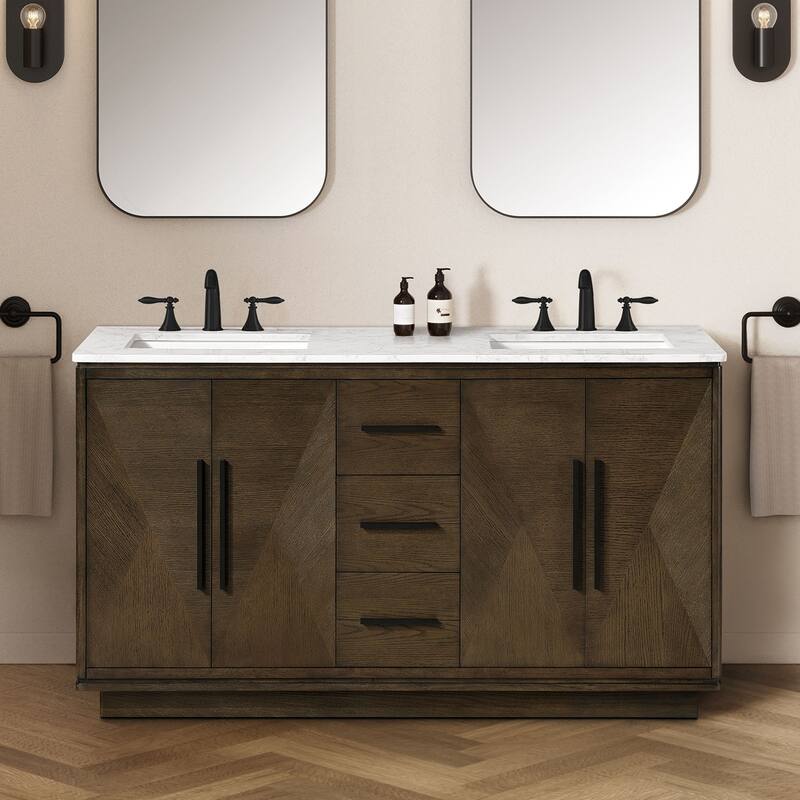 OVE Hale Aged Oak Bathroom Vanity with Engineered Marble Top - 60" - Aged Sweet Oak