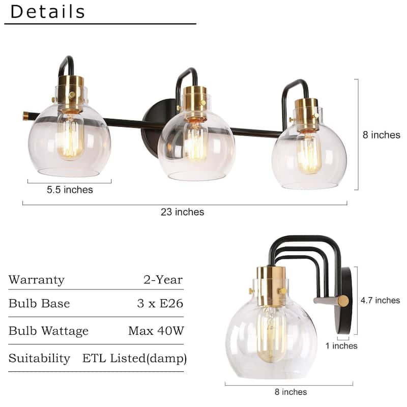 3-Light Black Gold Bathroom Vanity Lights Modern Wall Lighting with Globe Glass - 23" L x 8" W x 8" H
