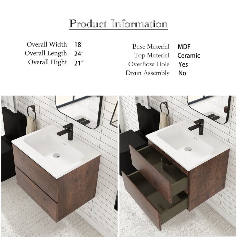 24 inches Wall-mounted Bathroom Vanity Set with White Ceramic Integrated Sink - 24" x 18"