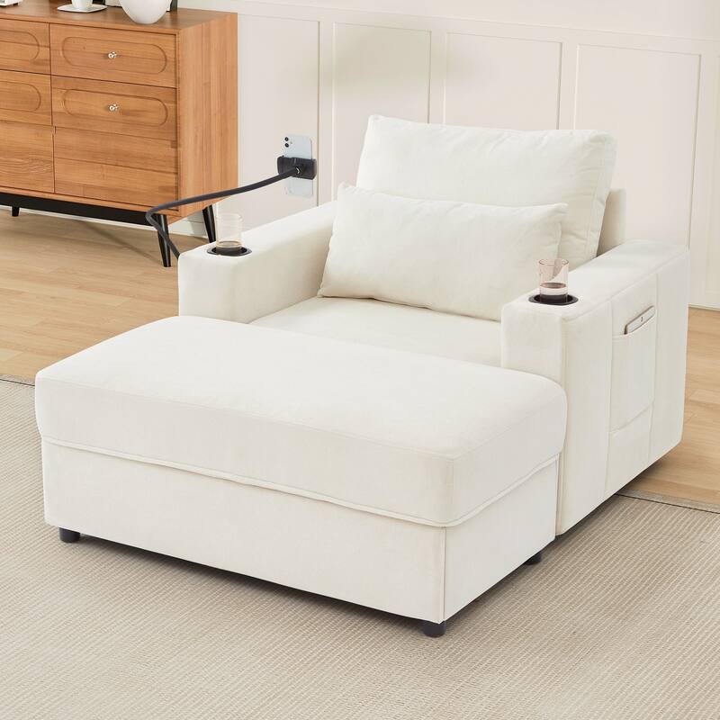 Modern Style Armchair 42.5" Chaise Lounge Sofa Couch with a Movable Storage Ottoman, Two USB Ports, Two Cup Holders