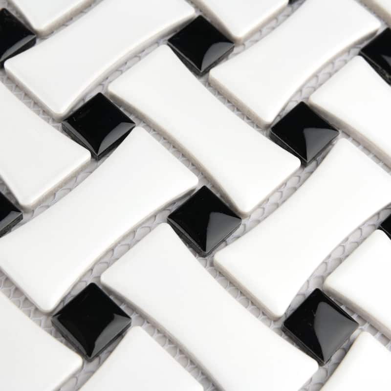 Merola Tile Metro Dog Bone Basketweave Matte White w/Glossy Black Dot 10" x 10" Porcelain Mosaic Tile