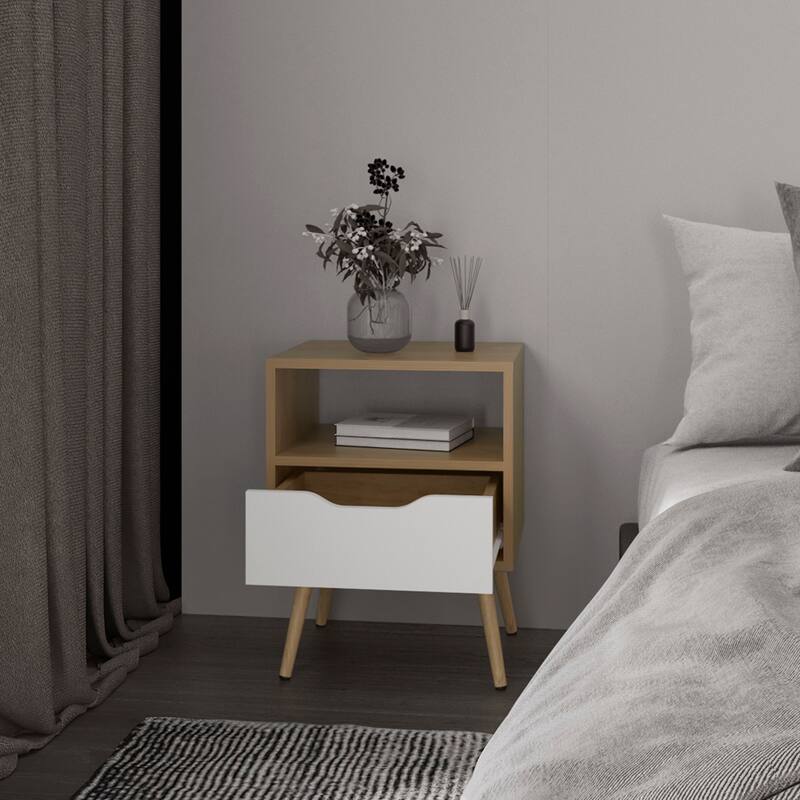 Elegant White Nightstand with Open Shelf and Spacious Drawer, Durable Wood Design