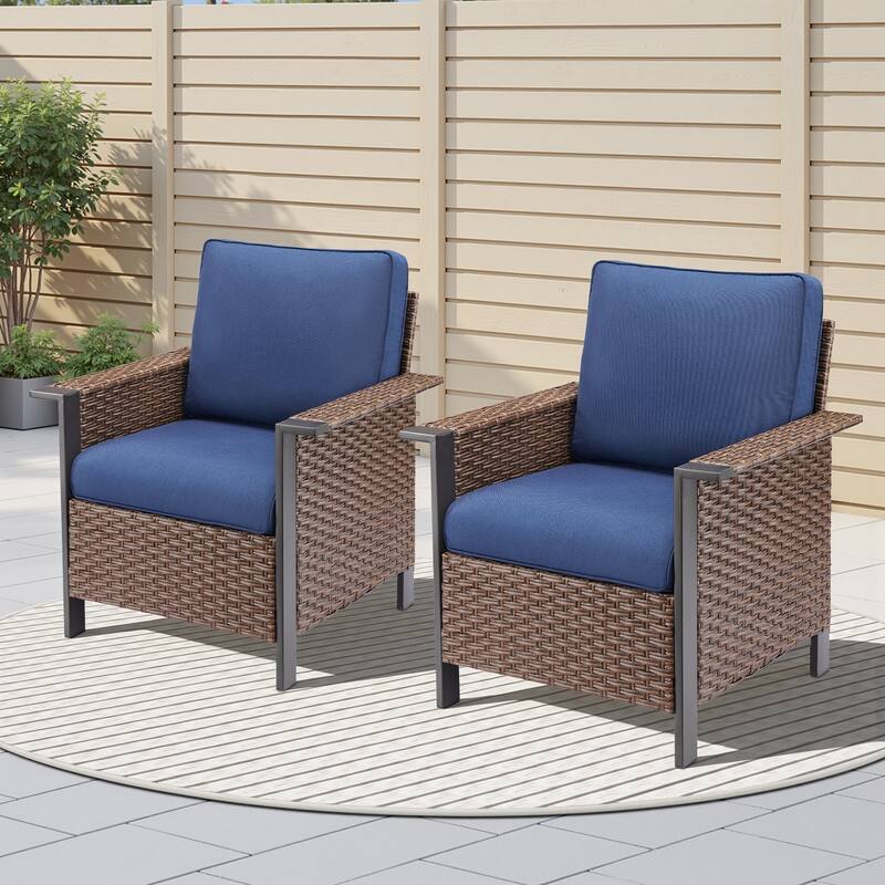 Pocassy Outdoor Wicker Sofa Glider Chair with Ottoman Set - Brown Wicker Blue Cushion - 2-Piece Patio Chair with Cushion