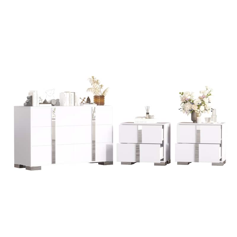 Roomfitters 3-Piece Bedroom Set, Elegant 6-Drawer Dresser and 2 Nightstands with Metal Handles