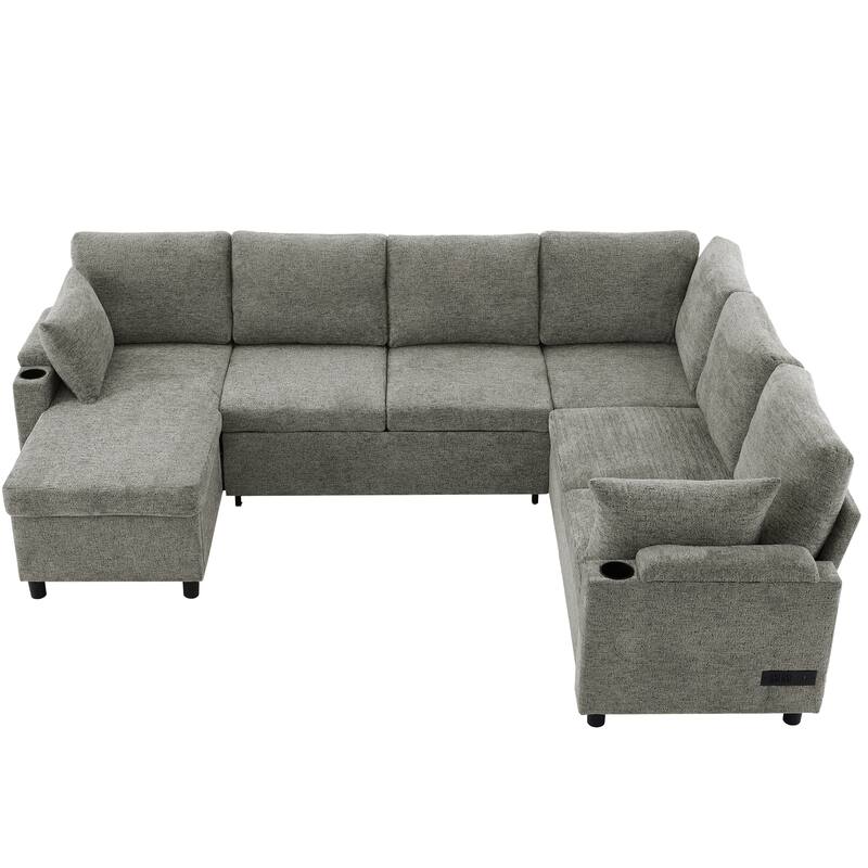 U-Shaped Chenille Sectional Sofa with Storage Chaise Lounge, Convertible Sleeper Sofa Bed with Cup Holders & Charging Ports