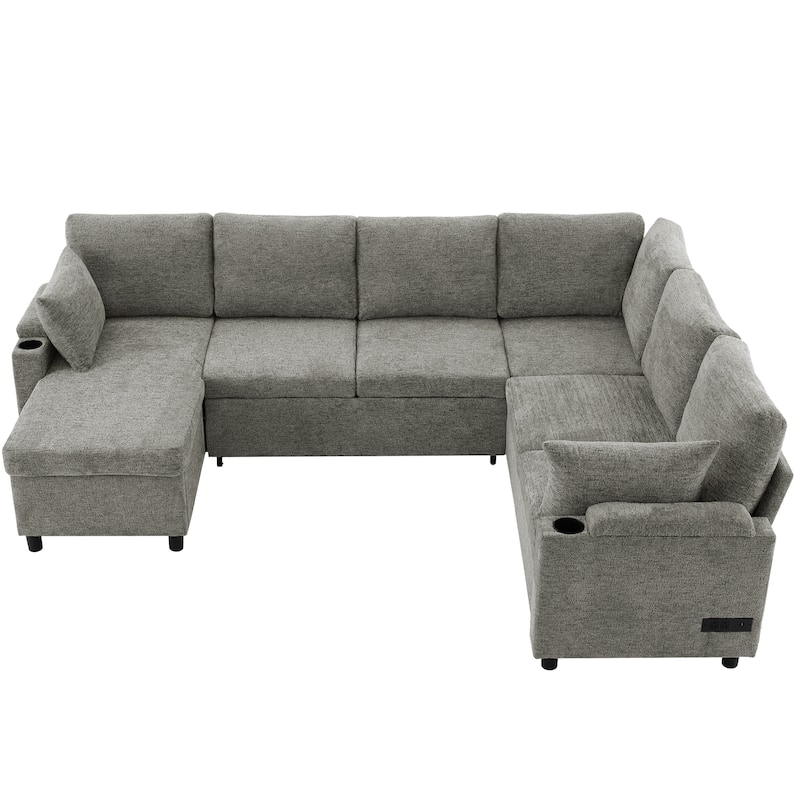 U-shaped Sofa, Chenille Sectional Sofa with 2 Cup Holders and Charging Ports Livingroom Sleeper Recliner Sofa Couch