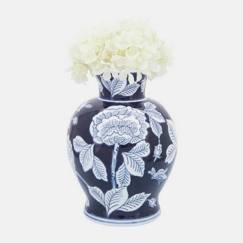 Floral Chinoiserie Ceramic Vase - 9" - White and Blue