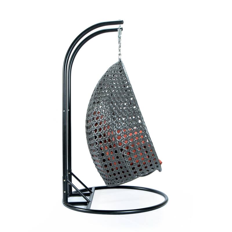 LeisureMod 2-Person Hanging Egg Swing Chair with Metal Stand - Handcrafted Charcoal Wicker, Patio Hammock Lounger with Cushions