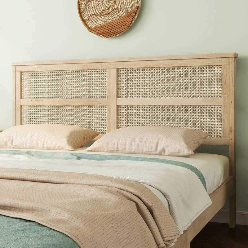 GDFStudio Rubber Wooden Bed with Rattan Headboard