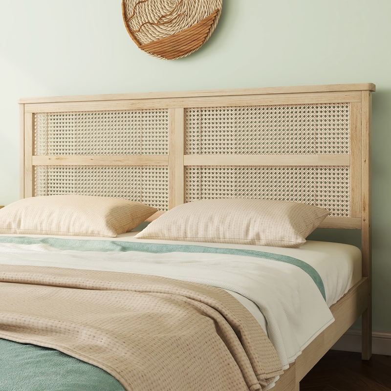 Queen Size Rubberwood Bed Frame with Rattan Headboard, Solid Wood Queen Platform Bed, Wood Slats Support
