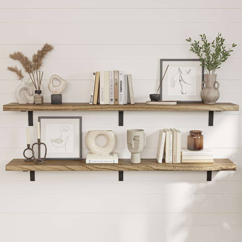 Wallniture Cervo 60-72-84 inch Long, Floating Wood Wall Shelf with Heavy Duty Brackets for Home Decor, Storage and Organization