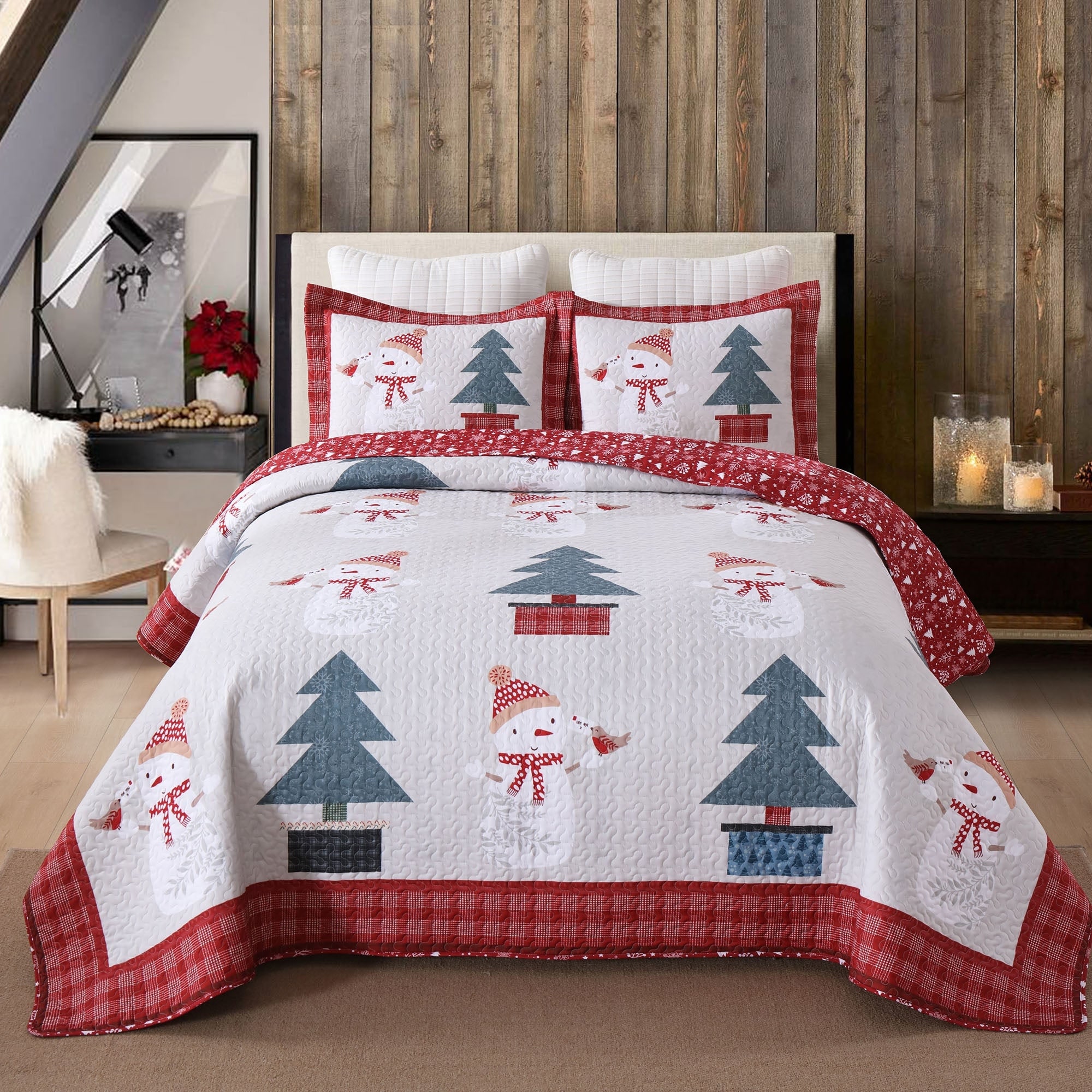 MarCielo Polyester Snowman & Tree Christmas Quilt Bedspread Set