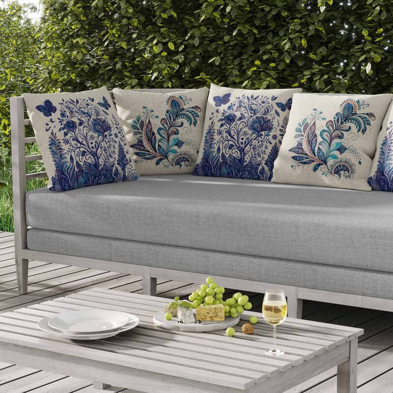 Winged Gardenia Indoor/Outdoor Reversible Throw Pillow Blue and Ivory