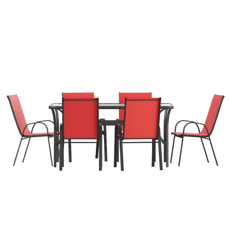 7 Piece Patio Dining Table and Chairs Set with Glass Table and 6 Chairs