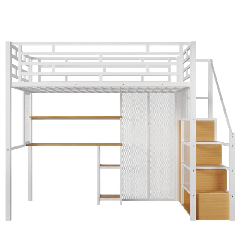 Full Size Metal Loft Bed with Wardrobe, Desk, and Storage Shelves
