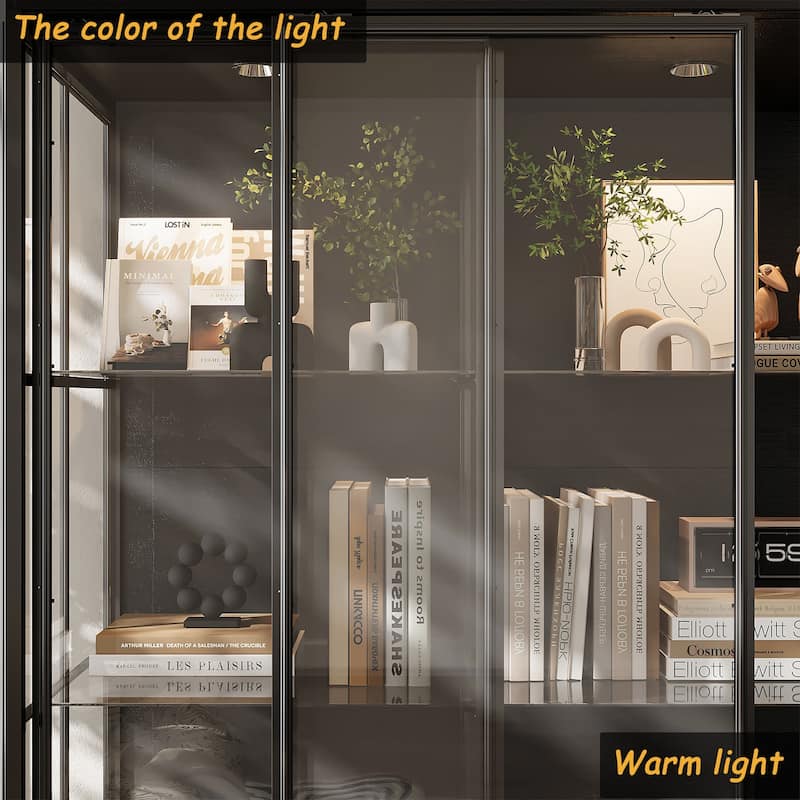 Modern Glass Curio Display Cabinet 4 Tier Display Case With lights & Doors