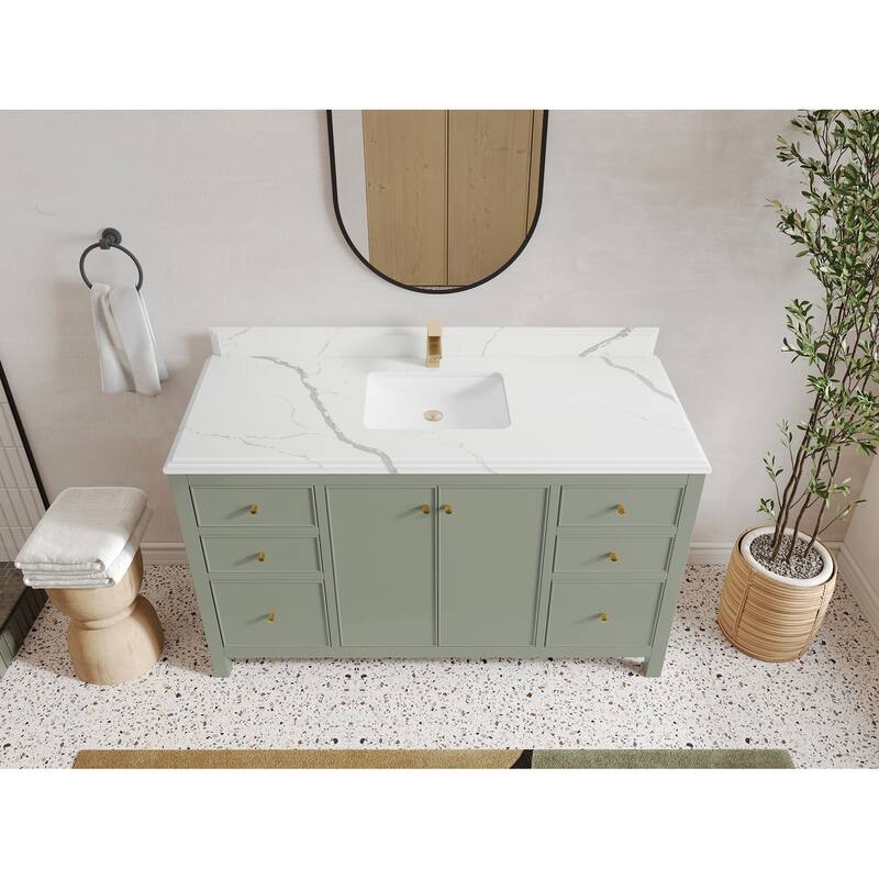 Willow Collections 60 in. W x 22 in. D Chicago Single Bowl Sink Bathroom Vanity with Countertop - 1.5”Calacatta Laza - Evergreen