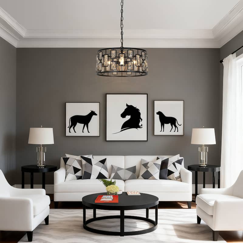 Dana Modern 4-Light Crystal Black Drum Chandelier for Dining Room Foyer - D16.5"* H9.5"