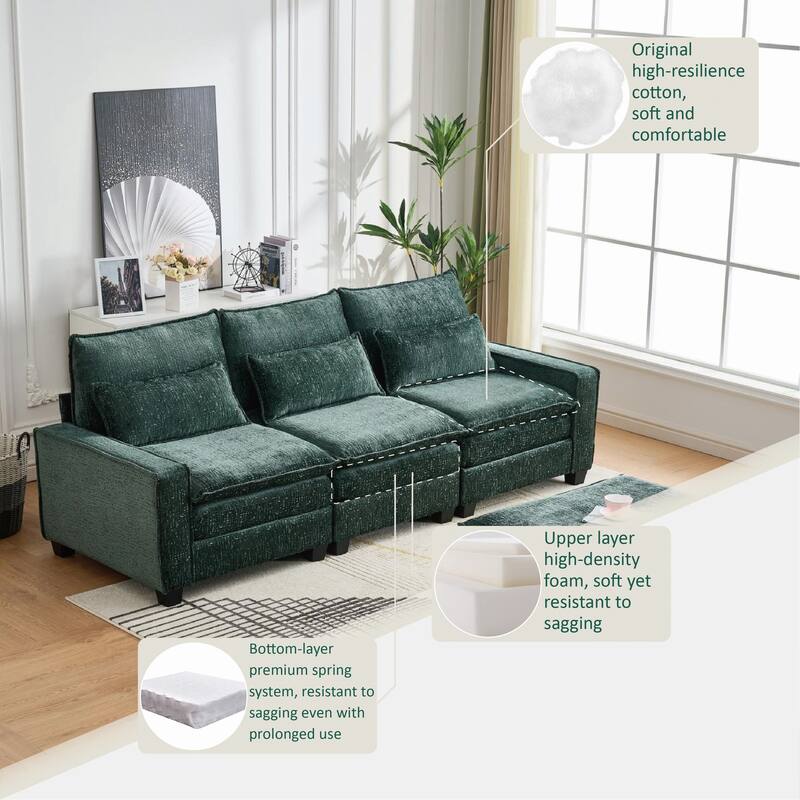 Cloud Chenille L-shaped Sectional Sofa, Deep Seat Couch with Thick Cushions, Movable Ottoman and Waist Pillows for Living Room