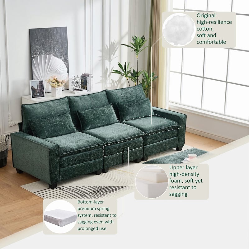 Roomfitters 99" Modern Modular Sectional Sofa with Reversible Ottoman, Padded Armrest Couch with Lumbar Pillows