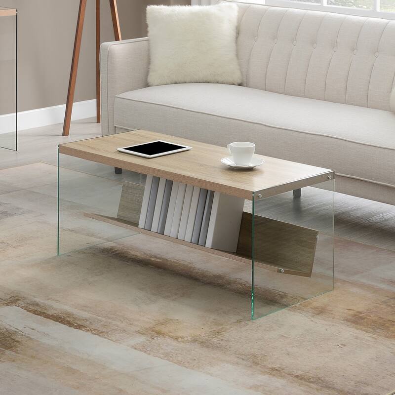 Convenience Concepts SoHo Glass Coffee Table with Shelf - Weathered White/Glass