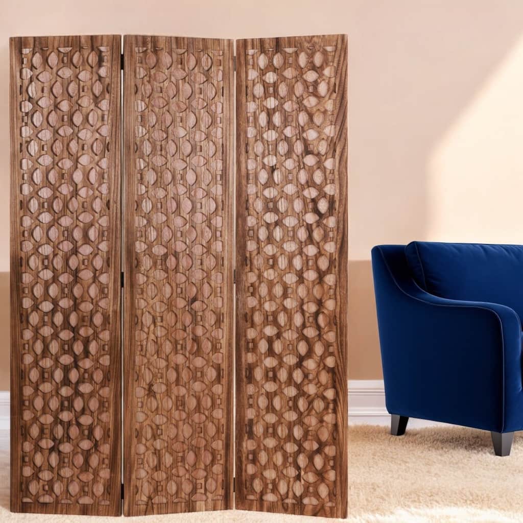 HomeRoots 67" Brown Folding Three Panel Screen Room Divider - 47' X '67' X '1