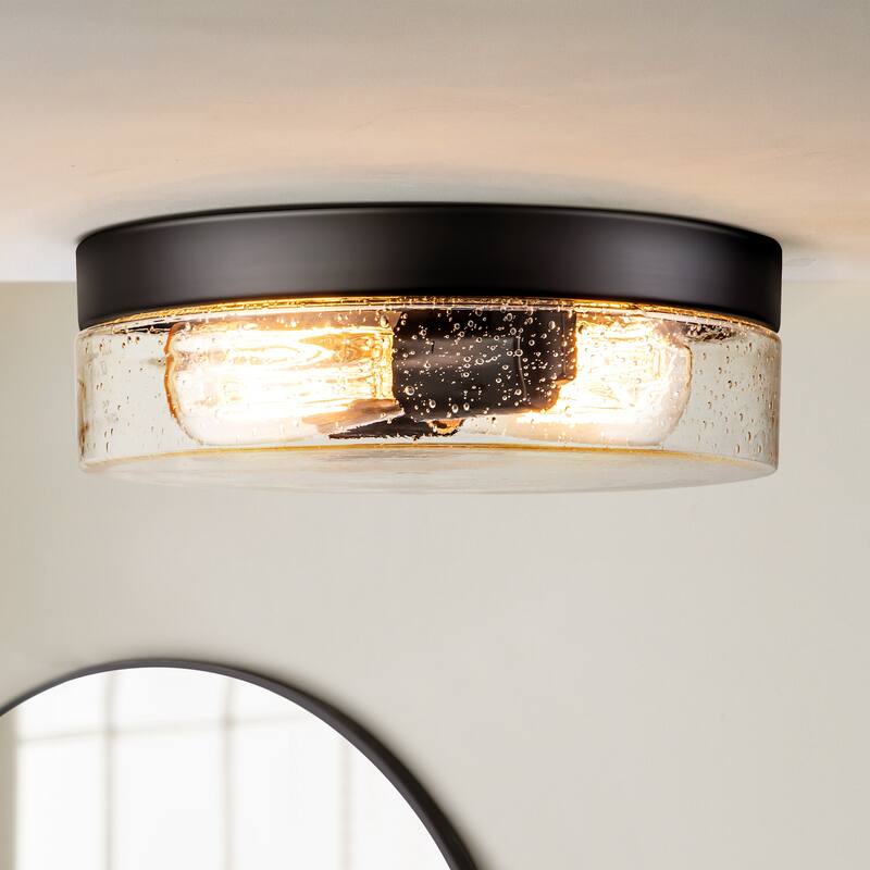 11.2" 2-Light Black Farmhouse Dome Flush Mount Ceiling Light with Seeded Glass Shade for Hallway,Kitchen, Entryway and Foyer