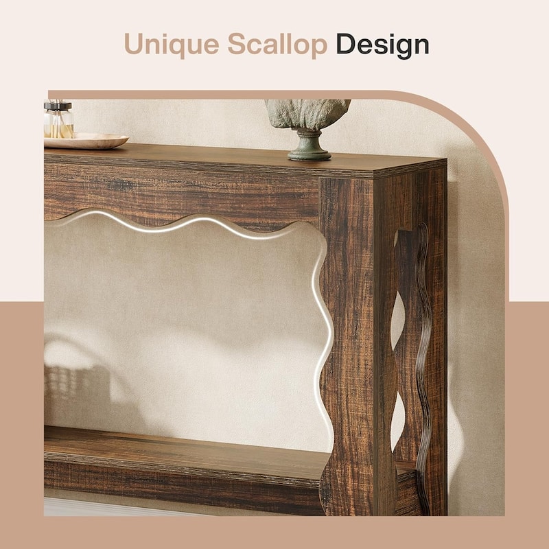 63 Inch Console/Entryway Table, Modern Rustic Entry Table with Scalloped Edge & Storage Shelf