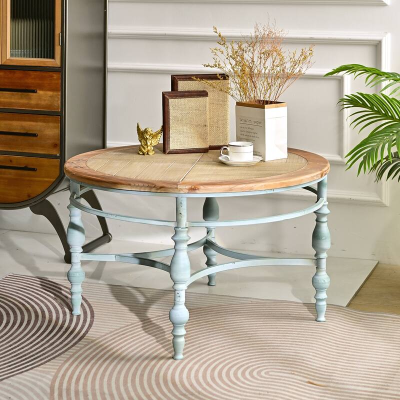 Rustic Wooden Carved Coffee Table with Metal Legs, Side Table Tea Table Center Table Sofa Table End Table - Natural Wood Wash