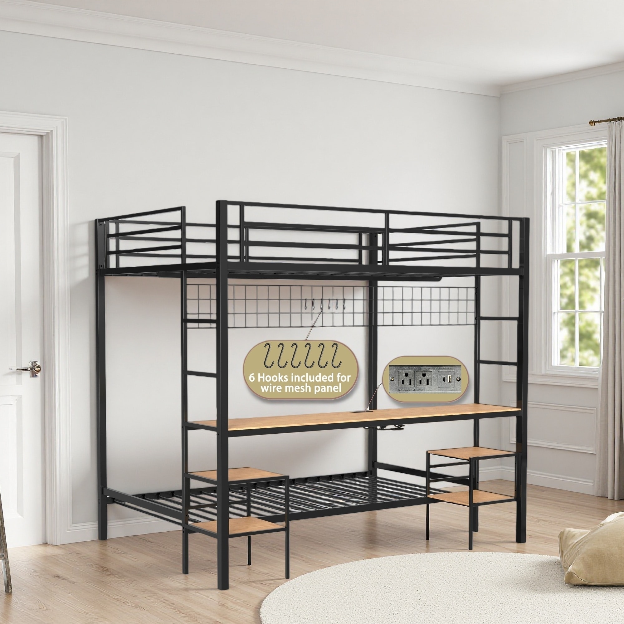 Full over Twin Metal Bunk Bed, Desk, Charging, Storage, Hooks, Stairs