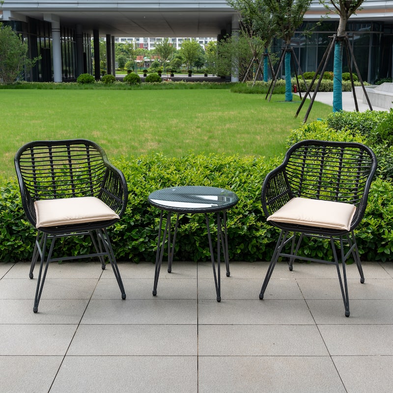 3 Piece Outdoor Wicker Furniture Patio Bistro Set With Cushions for Porch Poolside Garden - 21.2"L x 23.6"W x 31.5"H