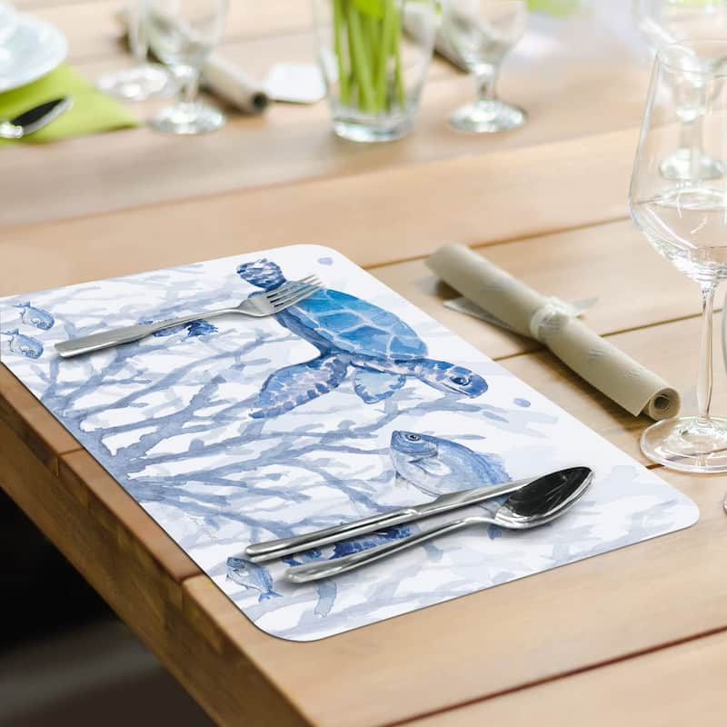 CounterArt Indigo Coastal Reversible Easy Care Flexible Plastic Placemat, 4 Pack, Made in The USA