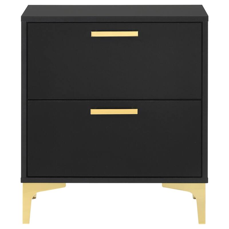 Black Modern Glam 2-Drawer Nightstand with Slim Gold Handles and Bracket Legs, Spacious Contemporary Storage
