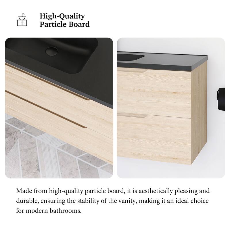 Floating Bathroom Vanity in Evita Oak with Integrated Quartz Sand Top