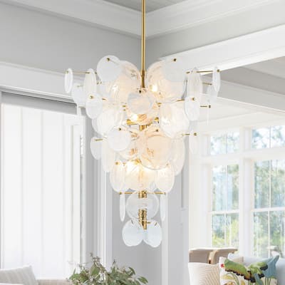 12-Light Tiered Cloud Glass Discs Cone-shaped Chandelier - Burnished Brass - 30.7in